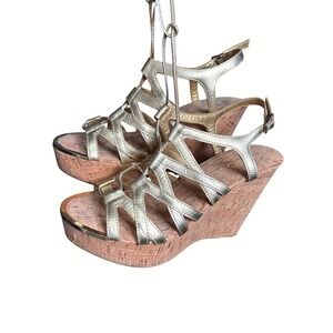 Aldo Gold Metallic Strappy Cork Platform Wedge Gladiator Sandals Mens 9 / EU 40